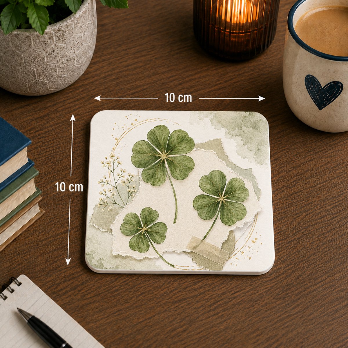 Onderzetter Klavertje Vier – 10 x 10 cm – Geluk Cadeau – Vierkante Onderzetter – Groen Design
