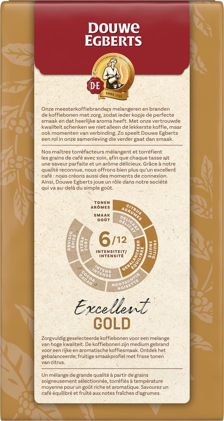 Douwe Egberts Excellent Gold verpakking met beschrijving van het aroma en smaakprofiel: tonen, citrus, delicaat, fruitig, gebalanceerd, nootachtig, cacao, intens, sterk, kruidig. Intensiteit 6/12.