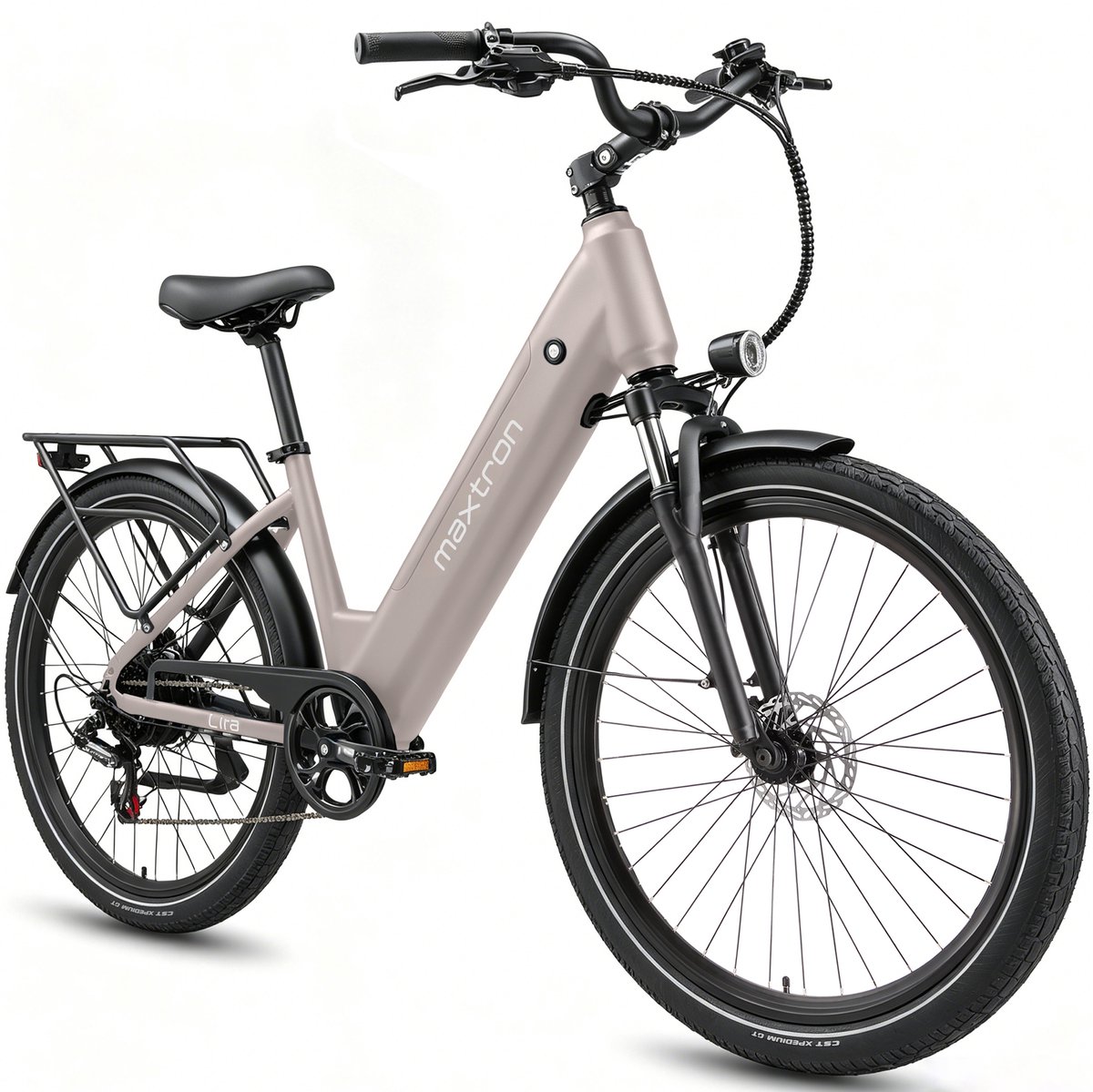 Maxtron Lira 28 Inch Elektrische Stadsfiets - 48V 15Ah Lithium-accu - Actieradius tot 140 km - 250W Motor - Hydraulische Schijfremmen - Shimano 7 Versnellingen - Max. Belastbaar 120 kg - Met Achterlicht - Goud