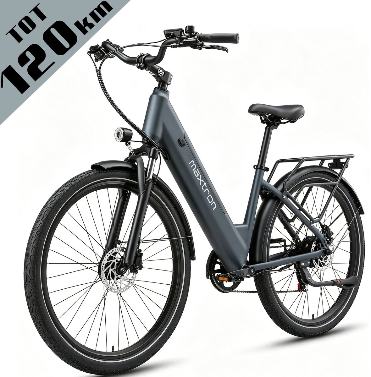 Maxtron Lira 28 Inch Elektrische Stadsfiets - 48V 15Ah Lithium-accu - Actieradius tot 140 km - 250W Motor - Hydraulische Schijfremmen - Shimano 7 Versnellingen - Max. Belastbaar 120 kg - Met Achterlicht - Grijs