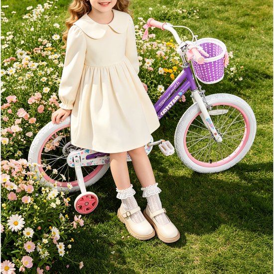 JOYSTAR Angel Meisjesfiets - Verschillende Maten 16 Inch - Met Zijwieltjes - Handrem - Inclusief Mandje - Paars van JOYSTAR — afbeelding 4