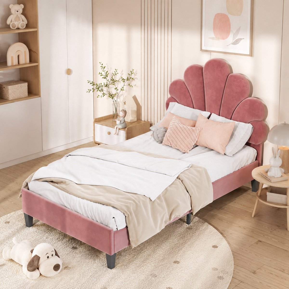 Gestoffeerd bed 90x200 cm - Eenpersoonsbed 90x200 cm - Hoofdbord met Fluwelen stof - Bloemblad-vormig hoofdbord - Houten Lattenbodem - Rood