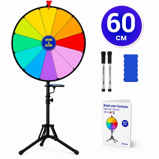Draairad van 60 cm in regenboogkleuren op zwart statief, met 2 stiften en wisser. Handleiding toont 'Rad van fortuin'.
