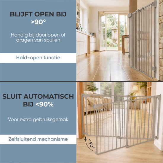 Beige metalen traphekje dat open blijft bij >90° en automatisch sluit bij <90°.