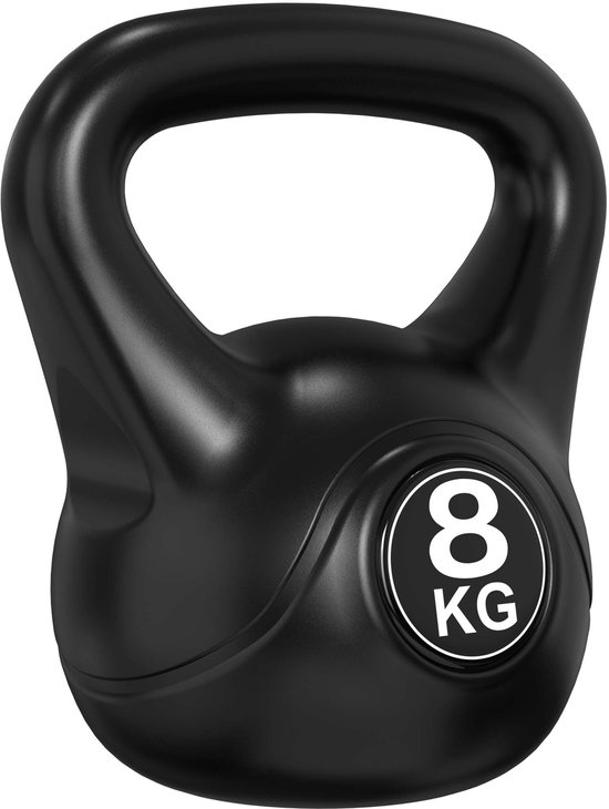Zwarte kettlebell met een ronde, zwarte cirkel met een witte '8 KG' opdruk.