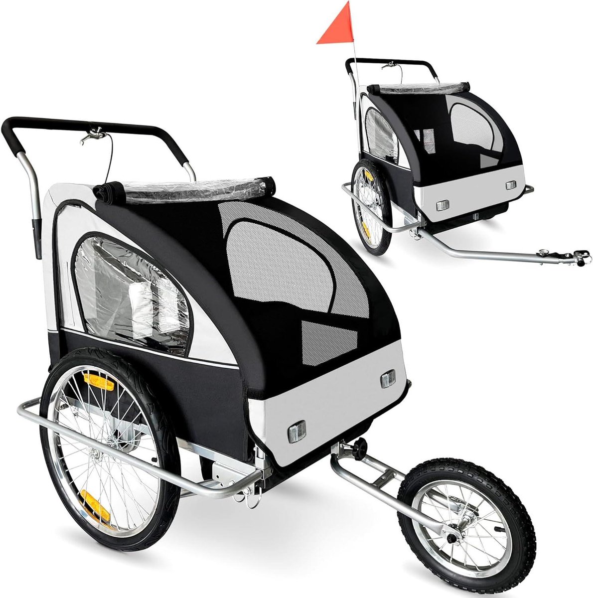 Fietskar Kinderwagen - Dubbel Kinderzitje - Samen Onderweg - Gedempte Ophanging - 138 cm Lengte - Zilver Wit