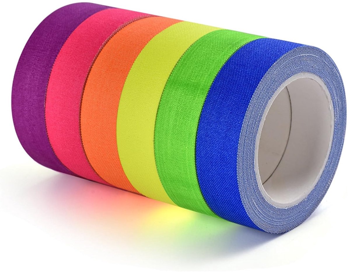 Neon Plakband Set van 6 Rollen, 15 mm x 5 m, UV Zwartlicht, Fluorescerend voor Feesten, Knutselen en Decoraties