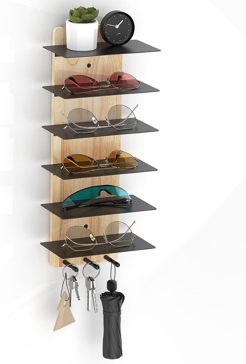 Houten Zonnebrilhouder met 6 Niveaus en 3 Haakjes, Wandorganizer voor Sleutels en Brillen, Ideaal voor Woonkamer en Slaapkamer