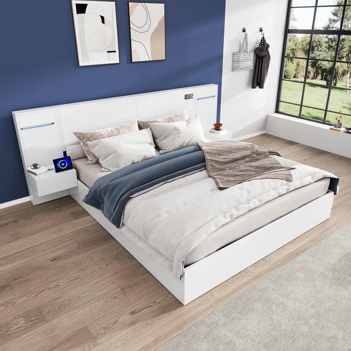 Wishdor Tweepersoonsbed 180x200 cm - Met ledverlichting, USB en bluetooth-luidspreker - Modern wit MDF bed met lattenbodem, 2 nachtkastjes en elektronische klok