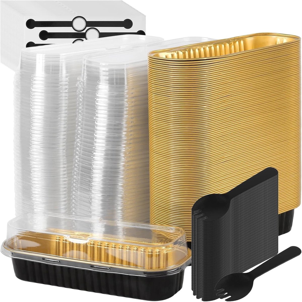 Mini Bakvormen met Deksel en Lepels - 200 Stuks Rectangulaire Aluminium Folie Bakpannen van 200ml voor Taarten, Puddingen en Brood