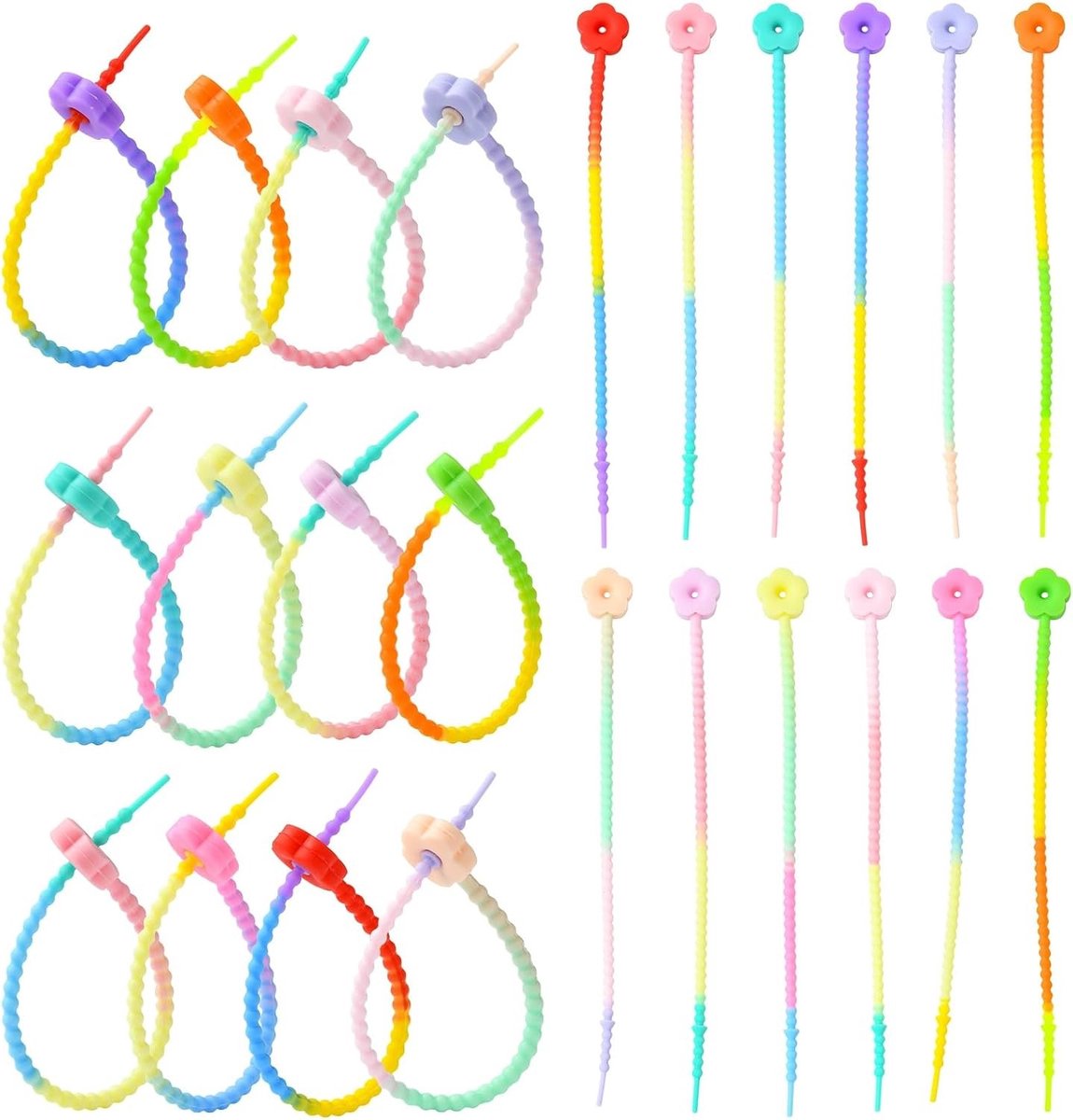 24 Stuks 12 Stijlen Gradient Kleur Silicone Zip Ties met Bloemtip - Herbruikbare Kabelbinders voor Thuis en Kantoor, Perfect voor Snoerbeheer en Bloemstukken