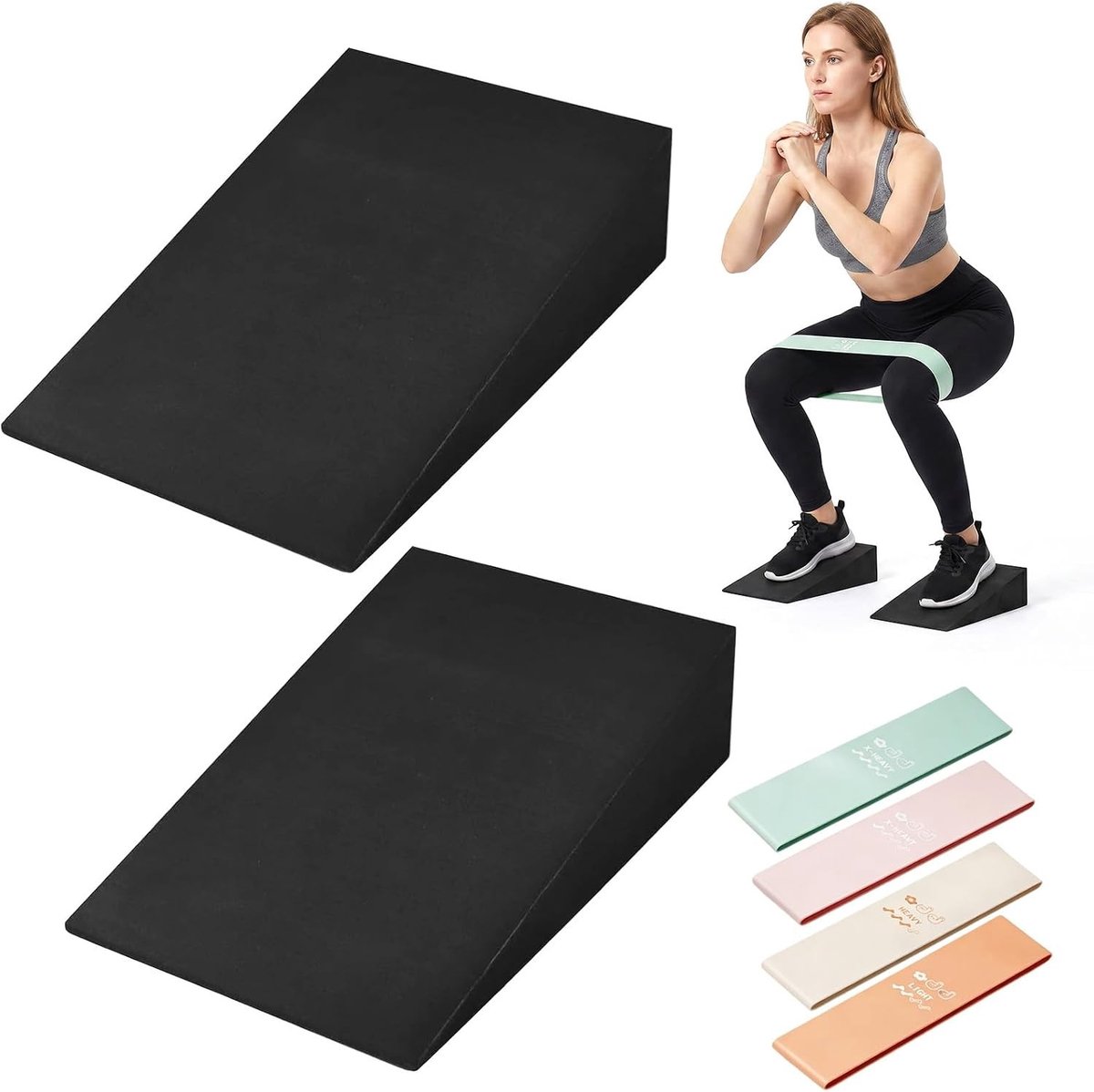 Verstelbare kuitstretchers set van 2, yogablok en squat wig voor kniebuigingen, mobilisatie en flexibiliteit met 4 fitnessbanden