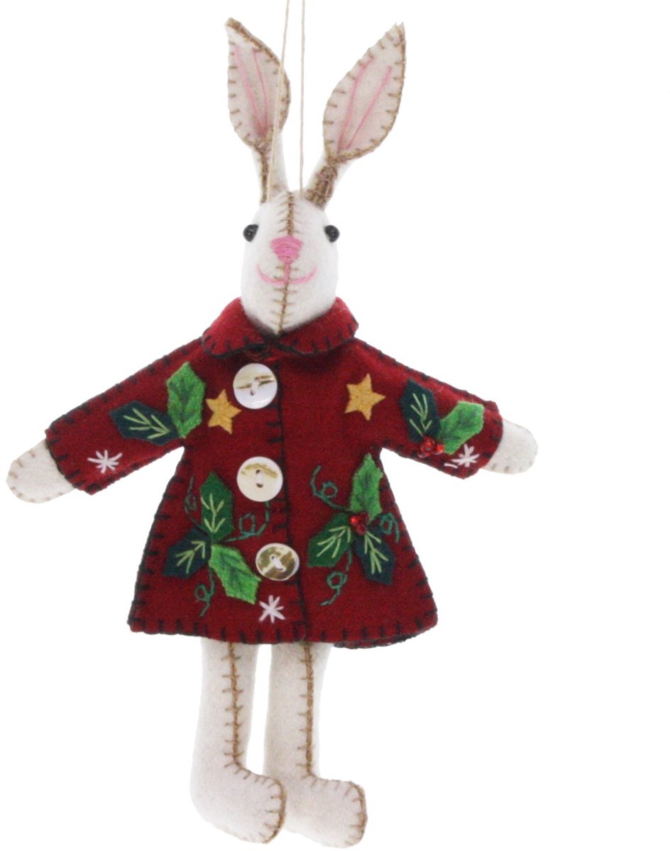 Haas met kerstjas rood, vilt 19cm