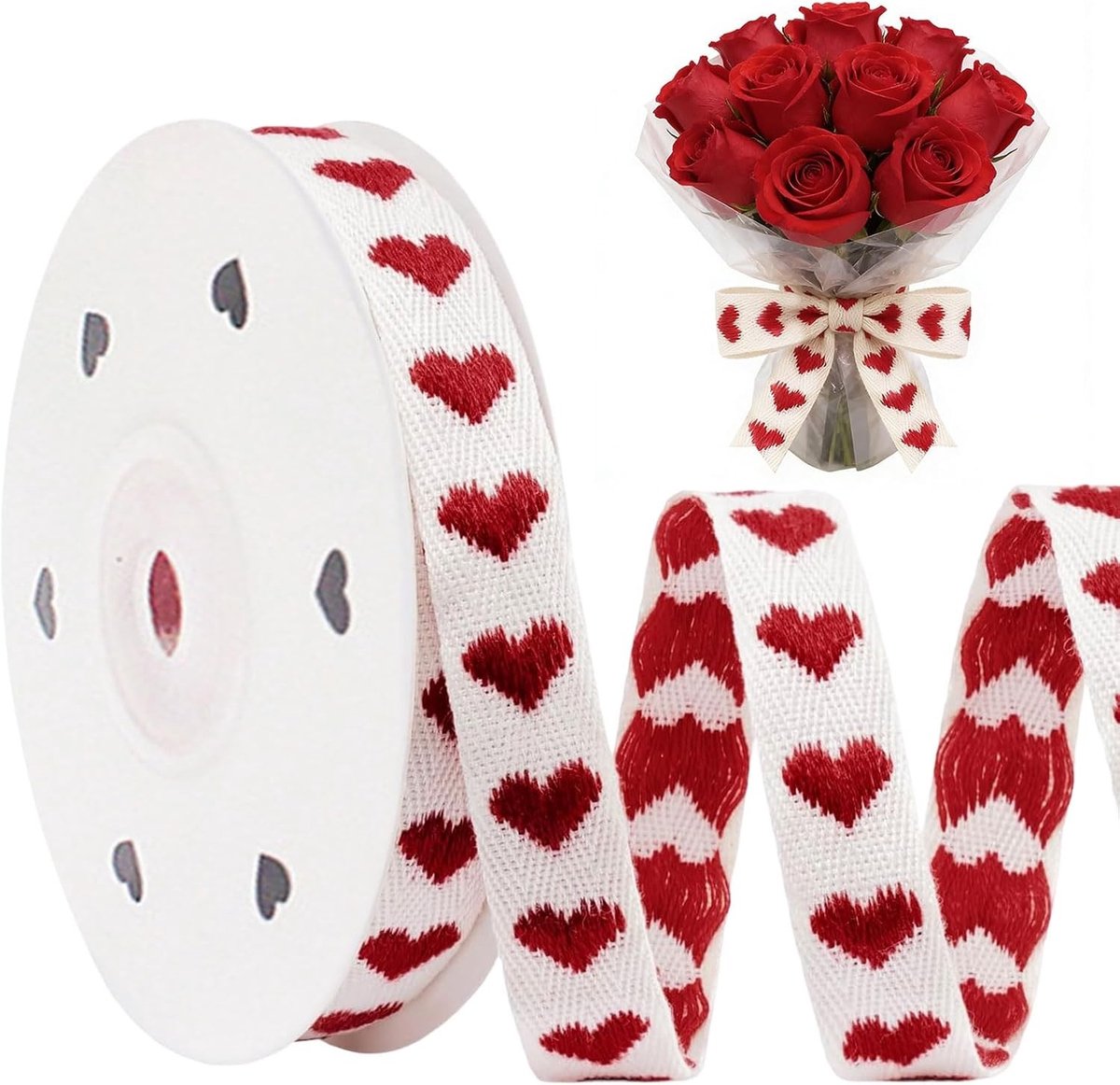 Rode Hartjes Katoenen Lint voor Cadeaus, Valentijnsdag, Bruiloften en Creatieve Knutselprojecten