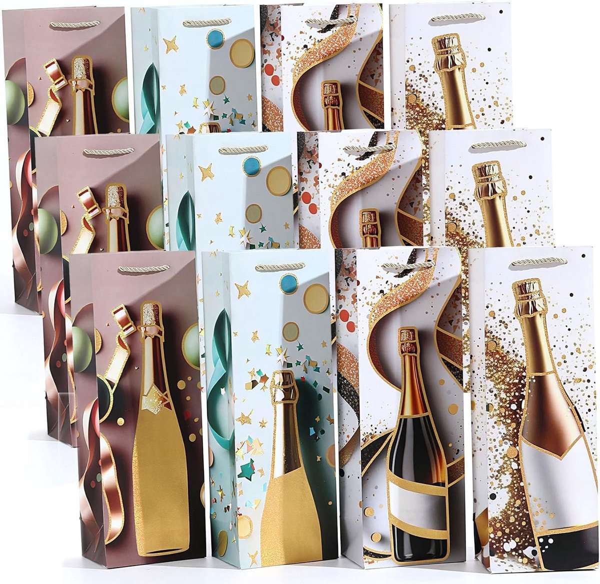 12 Stuks Herbruikbare Papieren Wijnfles Cadeautassen met Handvatten voor Feestdagen en Speciale Gelegenheden - Ideaal voor Verjaardagen, Kerst en Trouwen