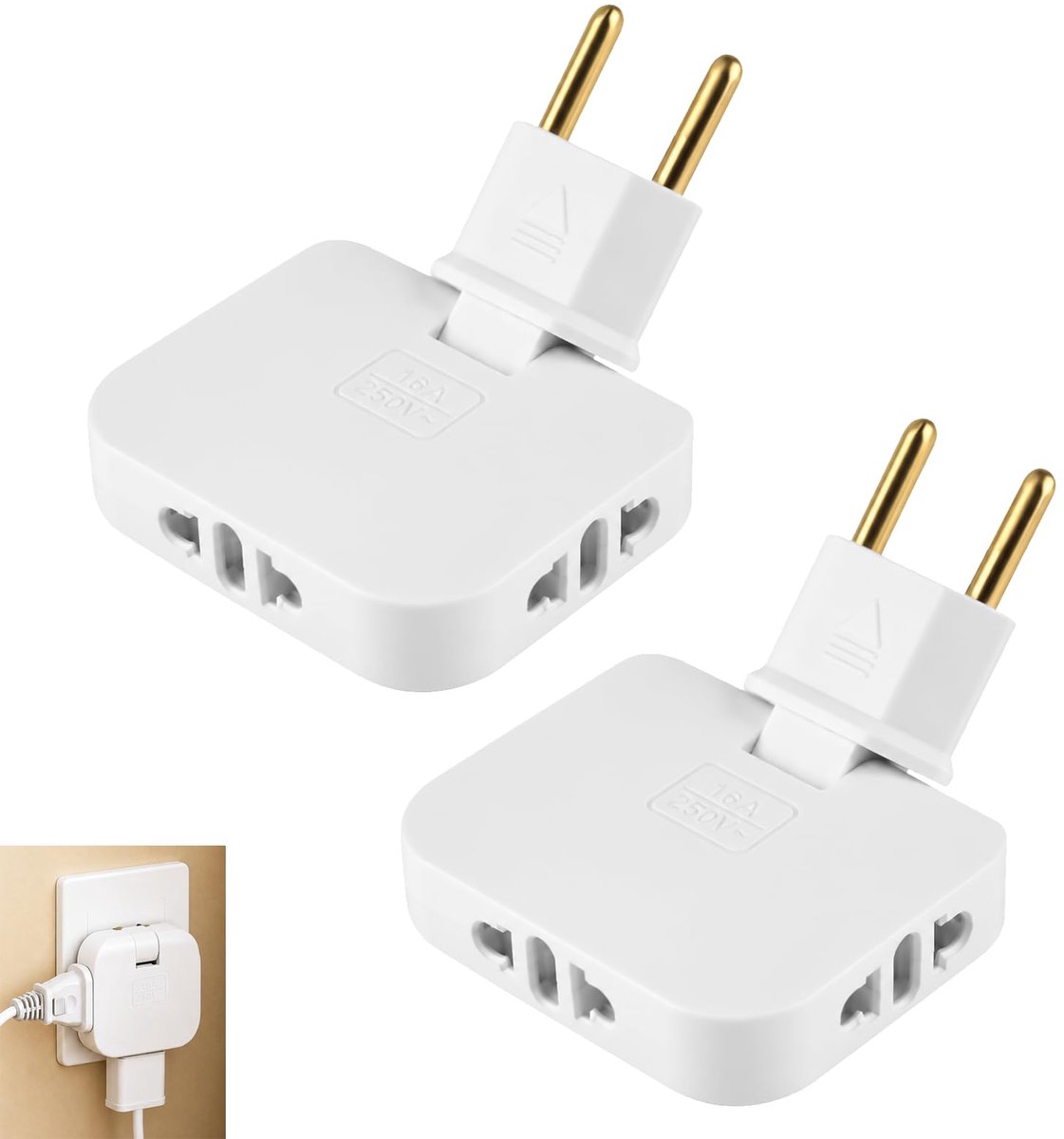 platte wandcontactdoos 180° draaibaar - met 3 adapters EU en VS - stekkerdoos voor thuis en kantoor - ShopVlot