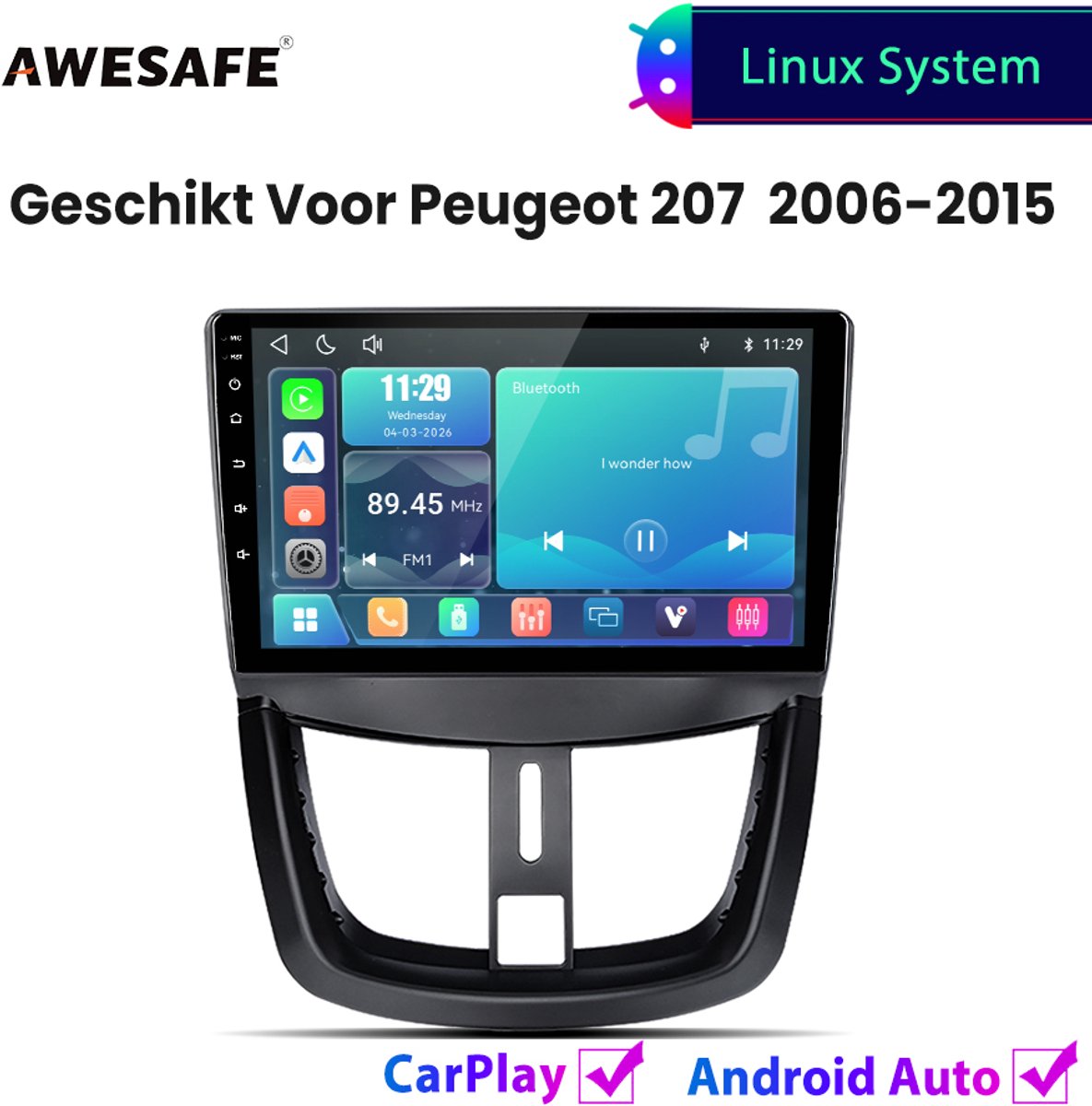 Awesafe Autoradio - Geschikt Voor Peugeot 207 2006 t/m 2015 - Draadloos Carplay Android Auto - Linux systeem - Touchscreen - Bluetooth Wifi - 2006 2007 2008 2009 2010 2011 2012 2013 2014 2015