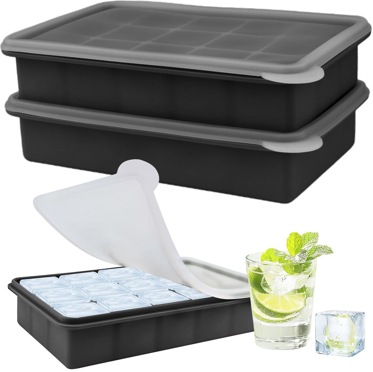 IJsblokjesvorm 15 vakjes - zwart siliconen - met deksel - perfect voor gincocktails - ShopVlot