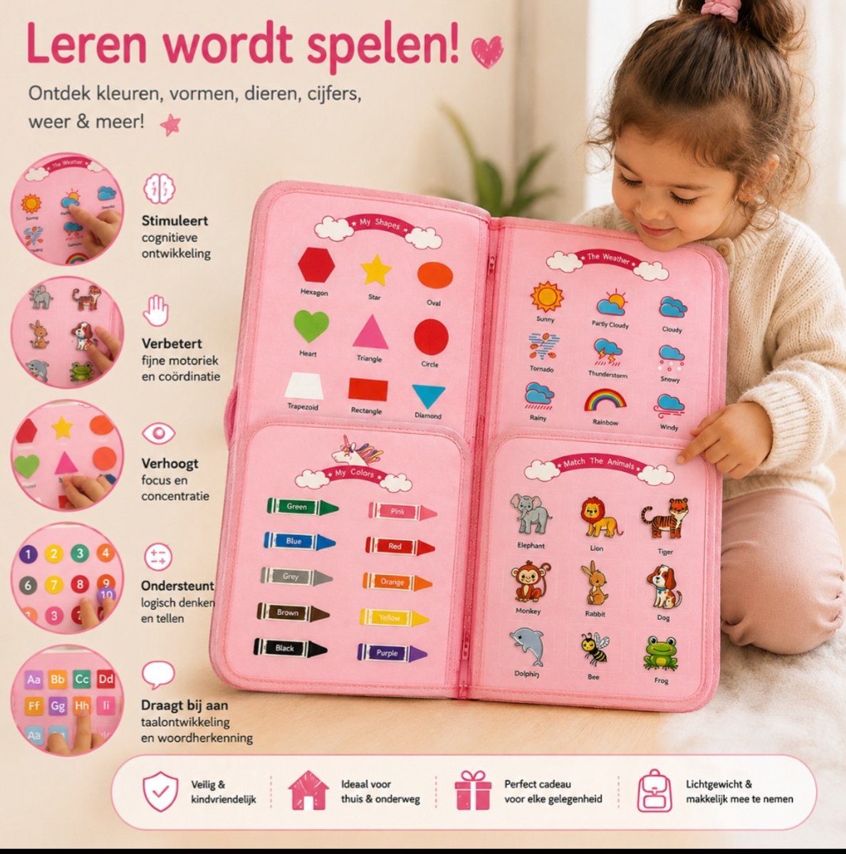 Baby Sonrisa Busy Book Roze - Montessori Activiteitenboek voor Baby & Peuter - Educatief Sensorisch Speelgoed - Kinderspeelgoed - Vanaf 3 Jaar — afbeelding 6