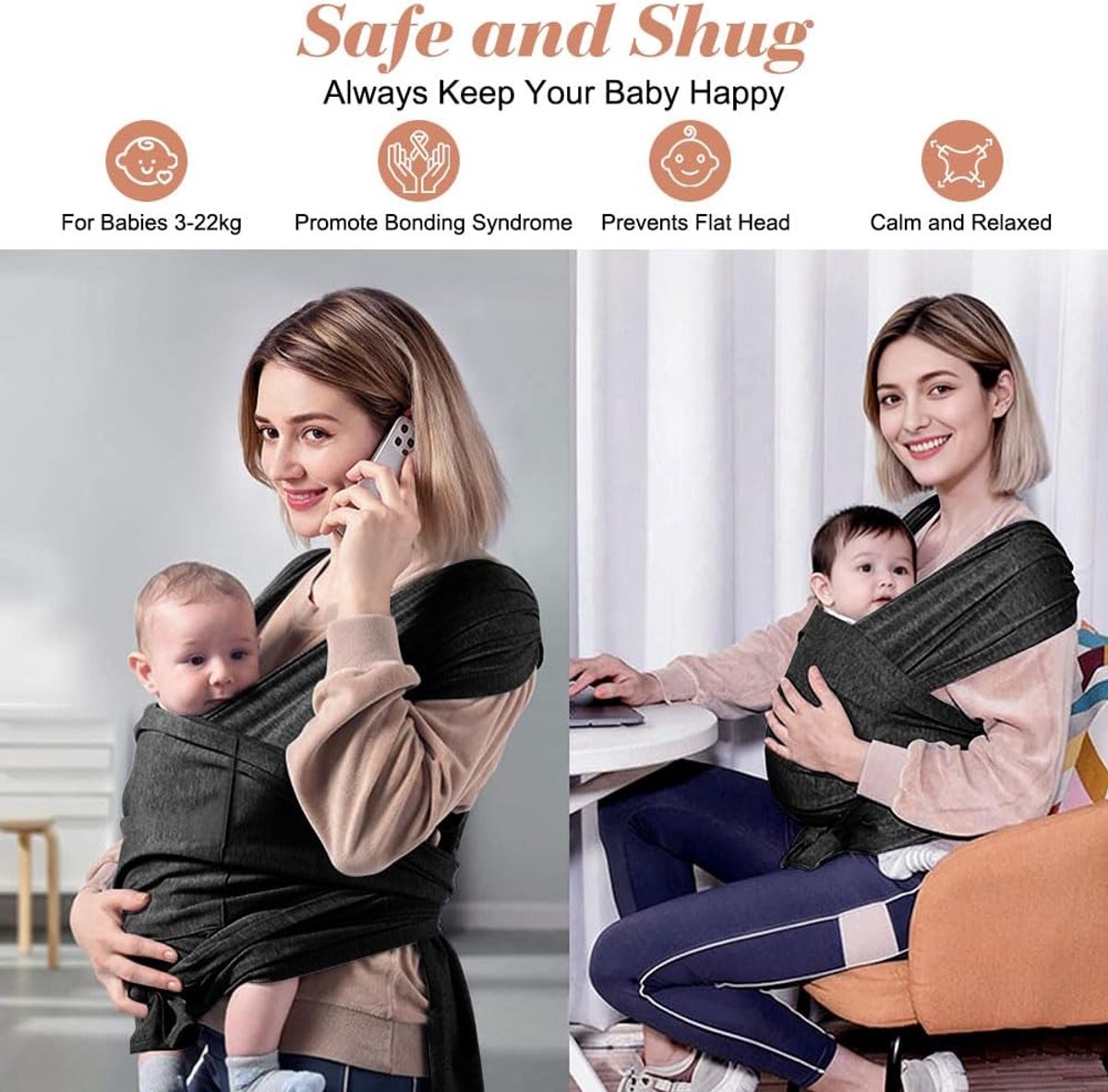 Baby Draagzak - Draagdoek Baby - Baby Dragen - Ergonomisch Ontwerp - Tot 22 kg - Zwart – foto 4