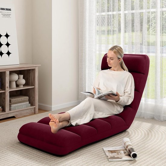 Relaxstoel inklapbaar - Vloerstoel ligstoel - Ontspannen lezen gamen - Verstelbare rug en steun - 175 x 55 cm - Rood — afbeelding 2