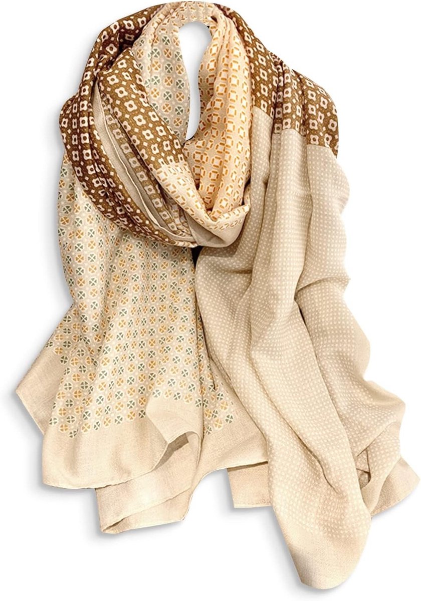 Dames Sjaal van Katoen en Linnen met Bloemenprint, Lichtgewicht en Warm voor Zomer en Winter, Beige Khaki