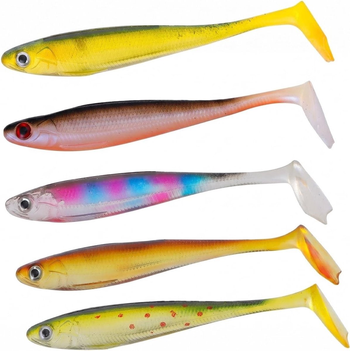 Set van 5 Rubber Vissen van 9 cm in 5 Kleuren - Zacht Aas voor Snoek, Zander en Forel, Haakloze Lures