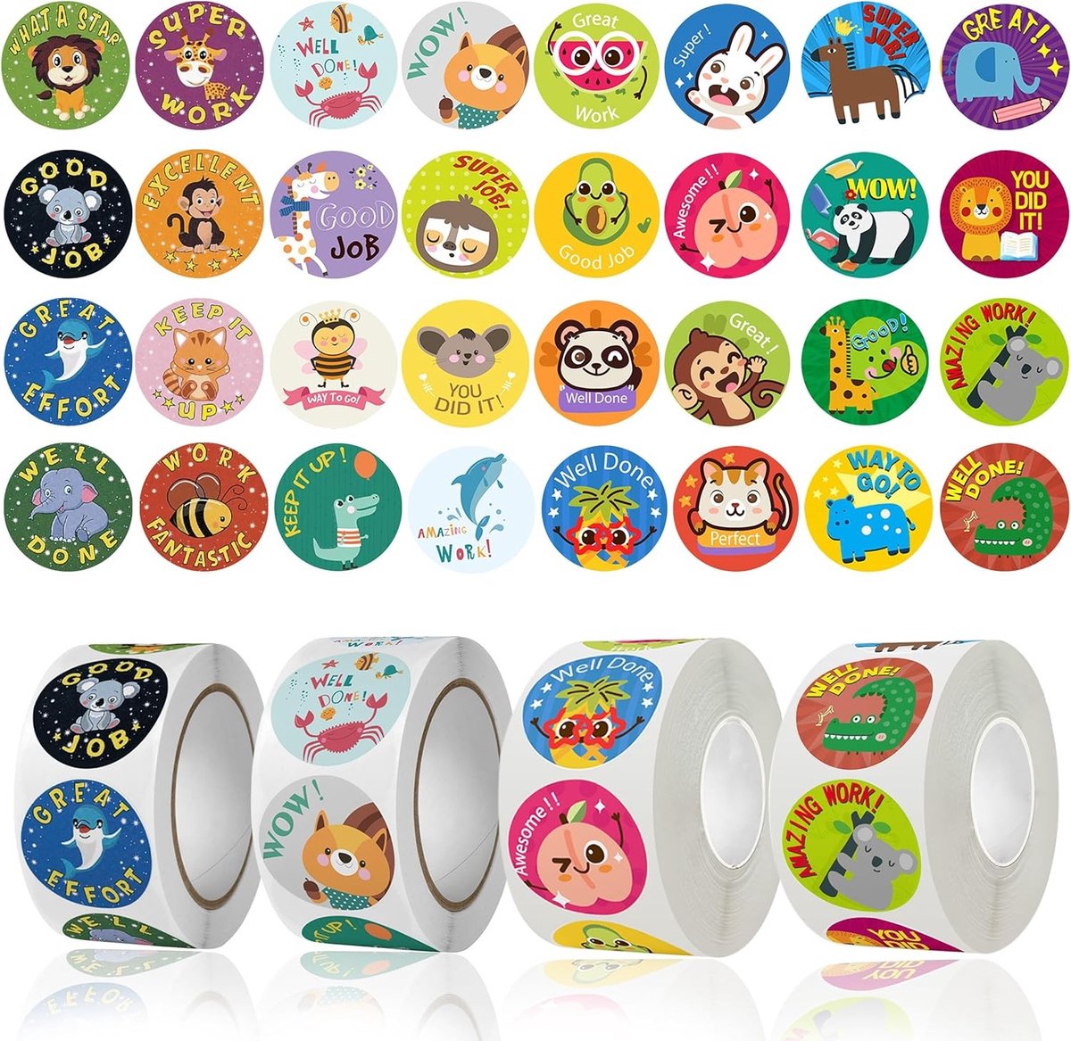 2000 Stuks Beloningsstickers, 4 Rollen Zelfklevende Motivatie Stickers met Dierenmotieven voor Onderwijs, Klaskamer en Beloningssystemen