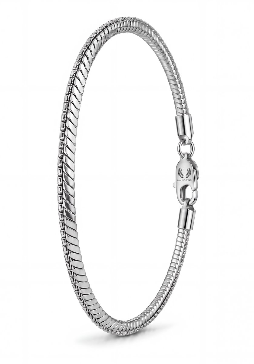 Armband Heren en Dames Staal Zilverkleurig 19cm – Mauro Vinci® Vivar Stalen Slangarmband Heren – Stainless Steel Heren Armband – Stoere Armband Mannen – Luxe Cadeau voor Man – Inclusief Geschenkverpakking