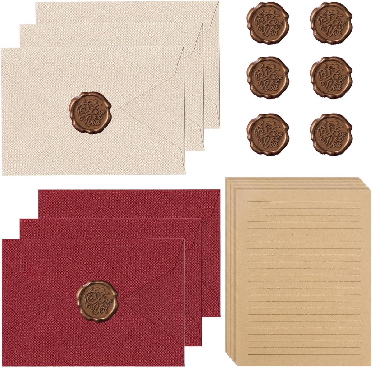 Set van enveloppen en briefpapier met linnenstructuur – Vintage papier – Vintage enveloppen – Kraftpapier – 6-delige set – Wit & rood