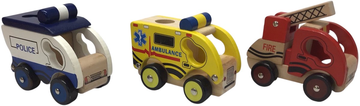 """Houten ambulance, brandweerauto, politie; set van 3"""