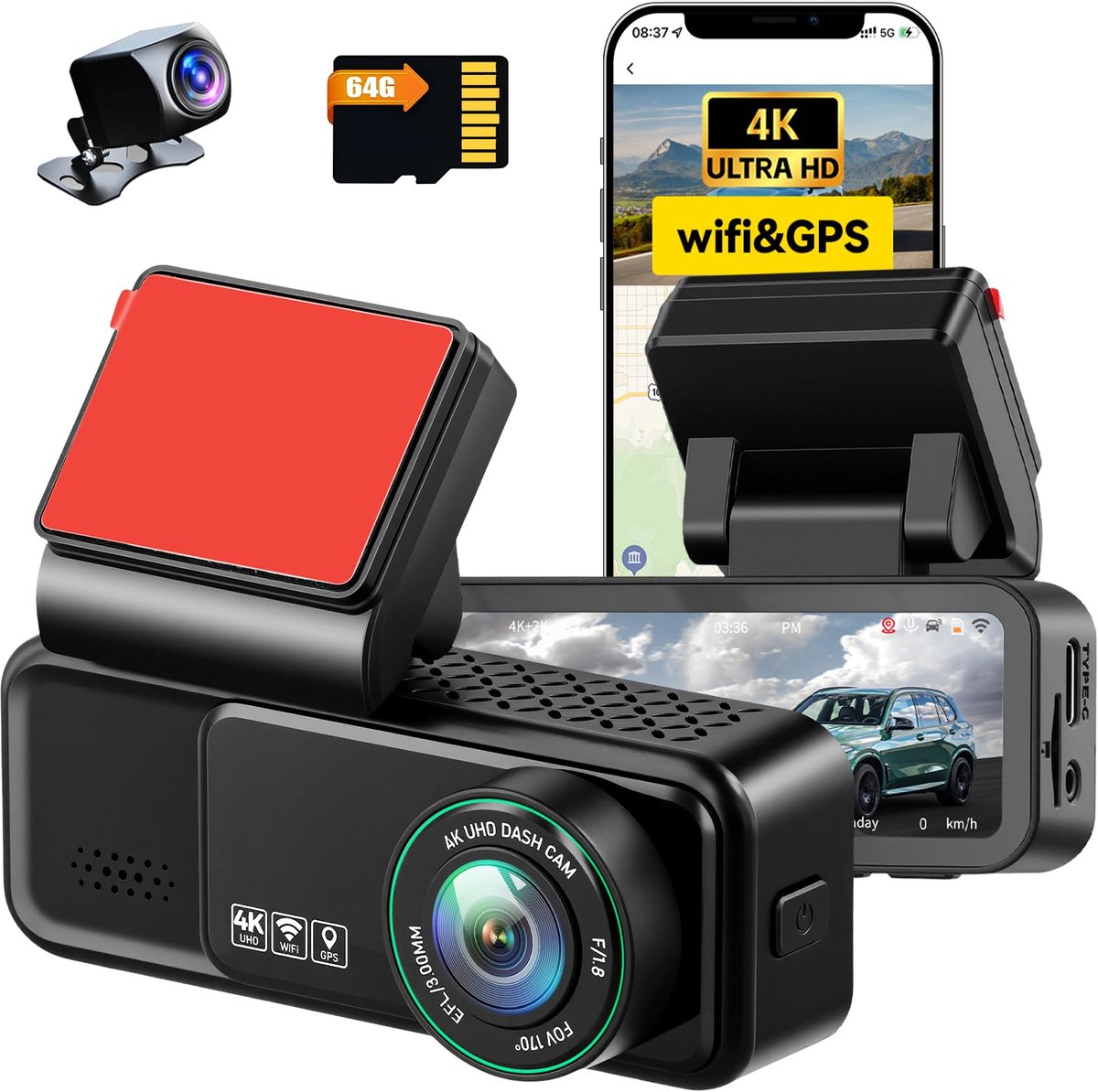 Dashcam auto camera 4K + 2K - dual display IPS 3 inch - met app en wifi - veilig autorijden - ShopVlot