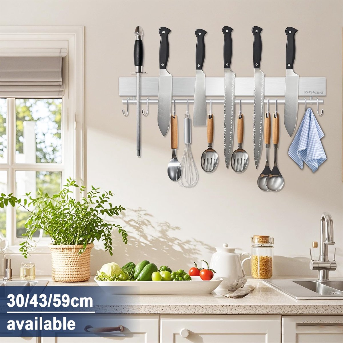 Messenhouder 43 cm - Magnetisch met 10 haken - Geen boring - Sterke wandbevestiging - ShopVlot