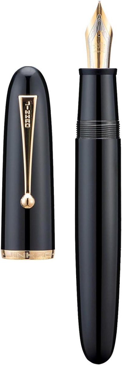 Elegant vulpen met fijne nib, grote maat, zwart acryl houder en gouden clip, perfect voor dagelijks gebruik en schrijven.