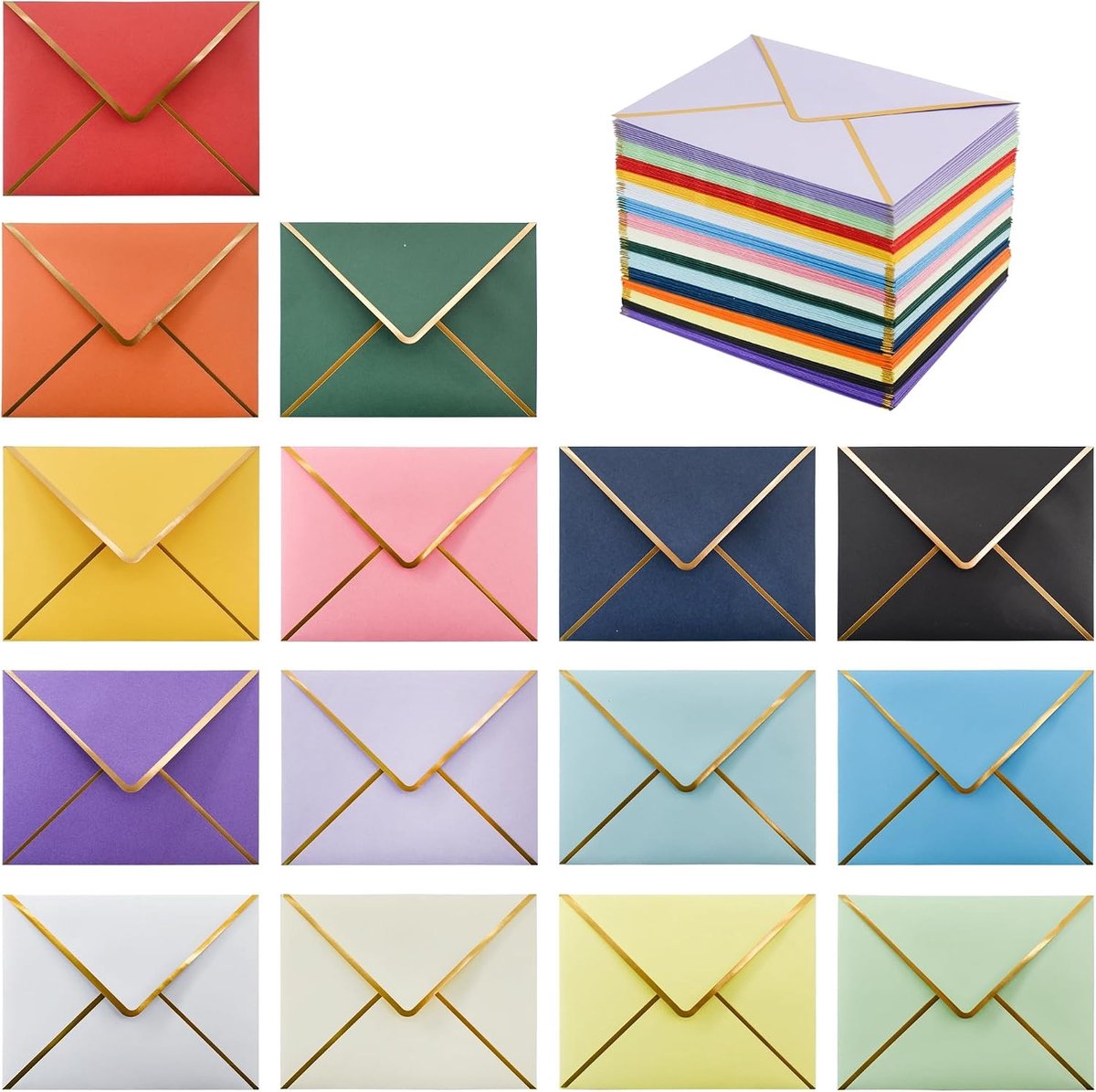 Set van 150 Kleurrijke Zelfsluitende A2 Enveloppen met Gouden Rand voor Uitnodigingen, Kaarten en Foto's