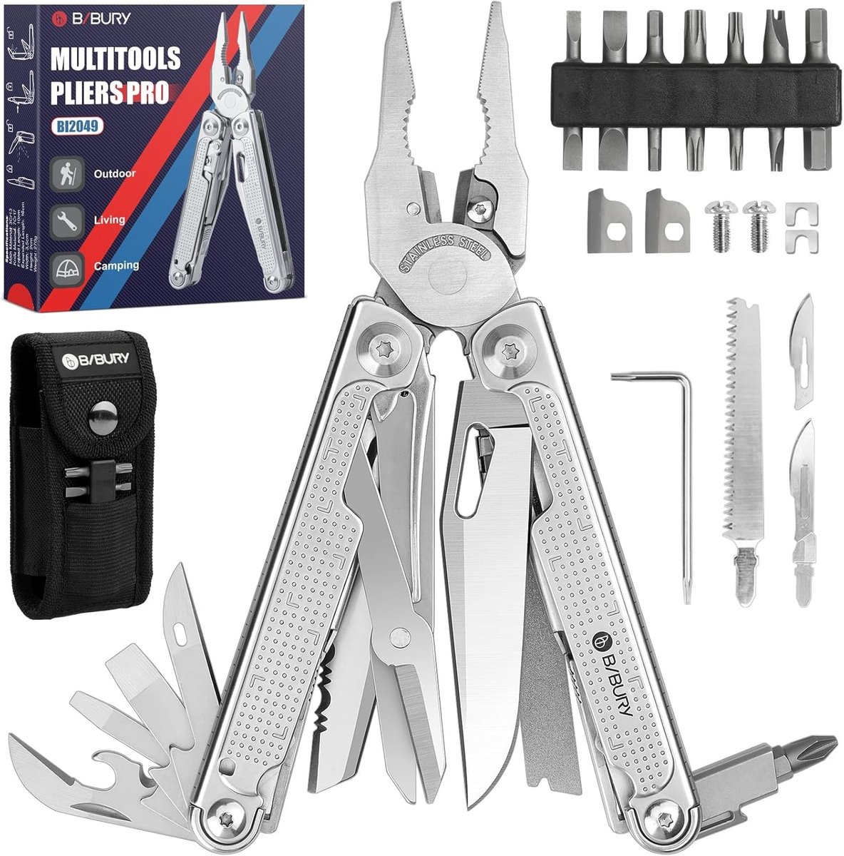 Multifunctionele Vouwbare RVS Multitool met Verbeterde Schaar en Schroevendraaier voor Kamperen, Cadeau voor Vader en Mannen