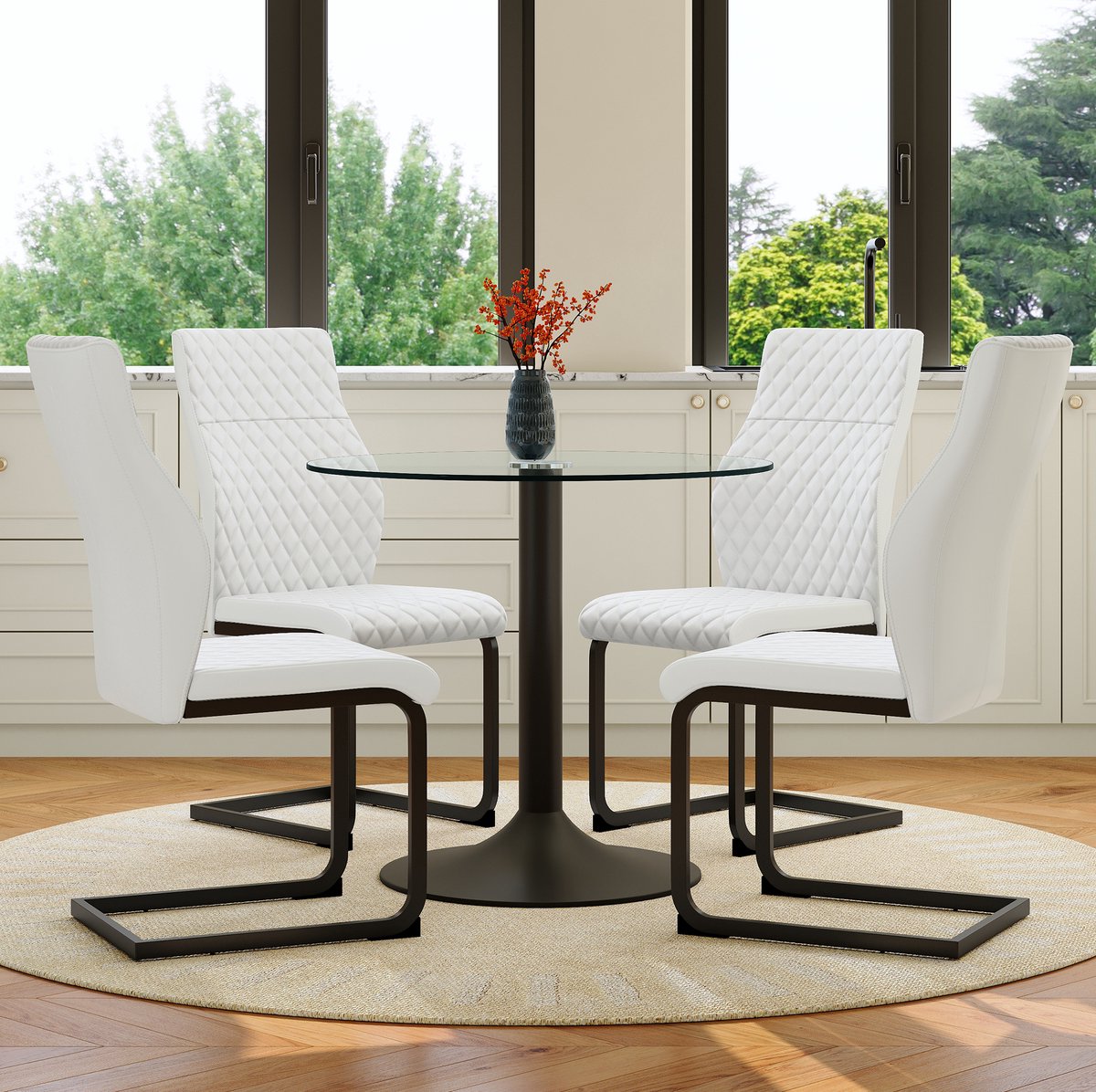 Wishdor Set tafel en stoelen - Rond glas - 4 stoelen - Industrieel - Voor kleine eetruimtes en bartheken - Metaal en PU leer - Zwart, transparant, wit - 85 cm