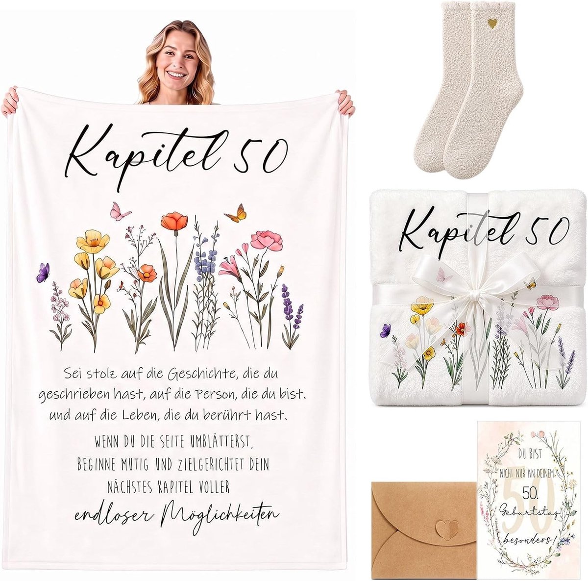 Cadeaus voor 50e Verjaardag van Vrouwen - Flanellen Deken, Sokken en Wenskaart voor Moeder, Oma, Zus en Vriendin