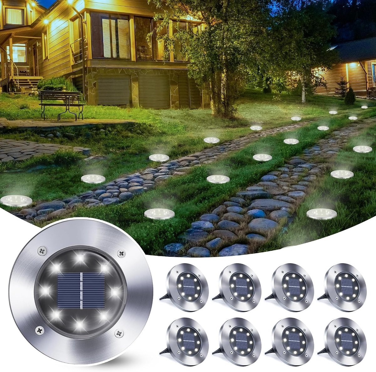 8 Stuks Solar Grondverlichting voor Buiten - Waterdichte LED Tuinverlichting voor Tuin, Oprit en Pad, Energiezuinige Zonne-lichten met Wit Licht