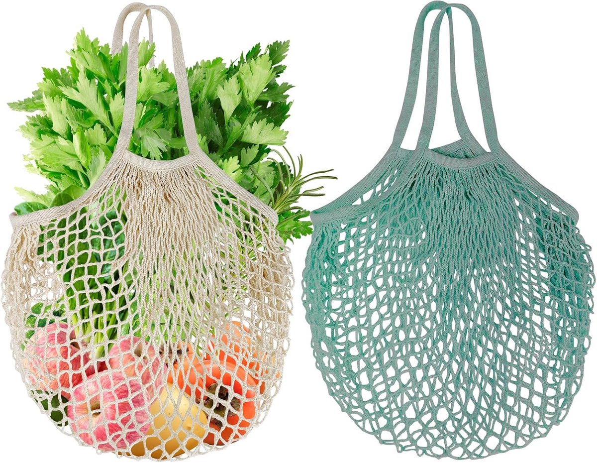 Pack of 2 Reusable Mesh Grocery Net Bags Made of Organic Cotton Rope, Shopping Net Bag, Long Handle Shopping Net Bags - ShopVlot