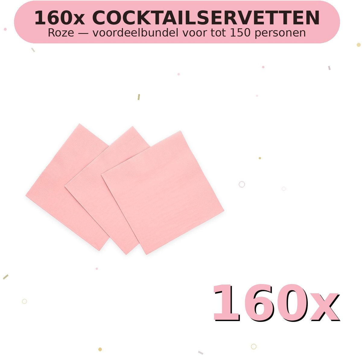 Cocktail servetten 24x24cm FSC Roze - Voordeelverpakking 160 Stuks voor tot 150 Personen - Feestartikelen