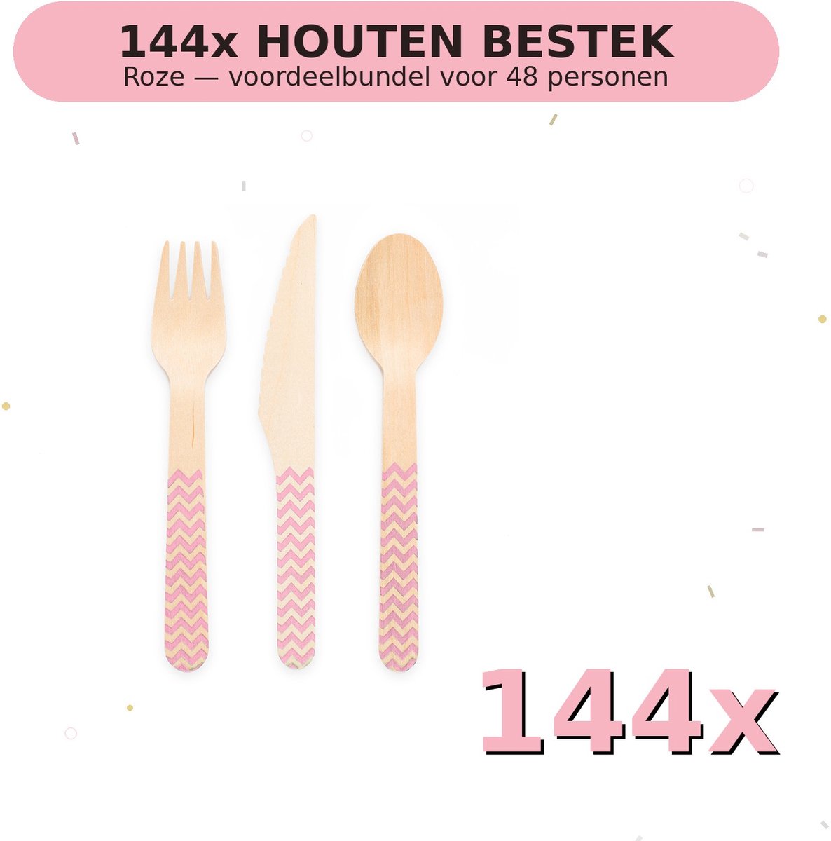 Houten bestek FSC Roze - Voordeelverpakking 144 Stuks voor tot 48 Personen - Feestartikelen