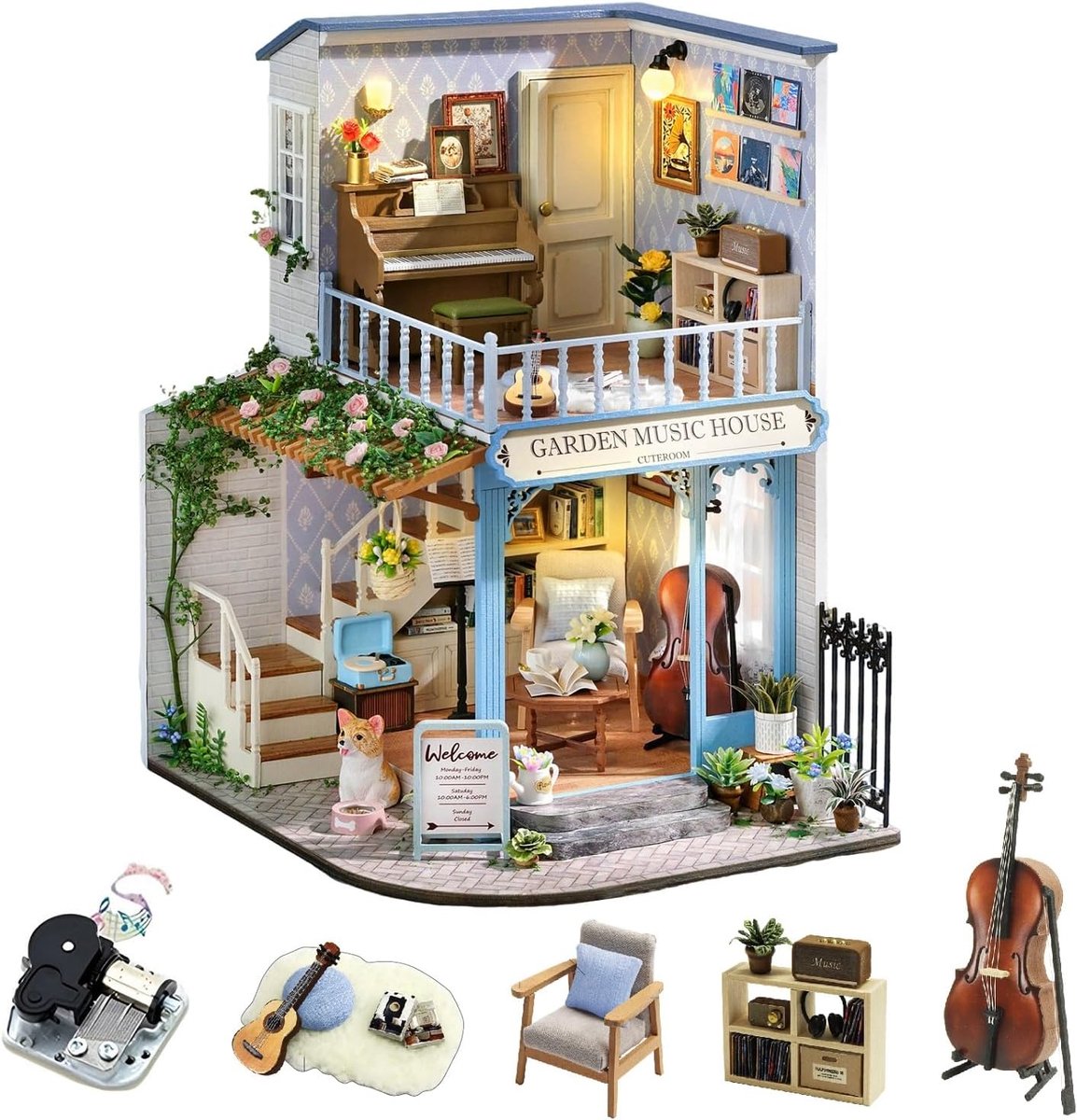CUTEROOM DIY Miniature Dollhouse Kit - Creative 3D Wooden Model with LED Lights and Musical Movement - ShopVlot