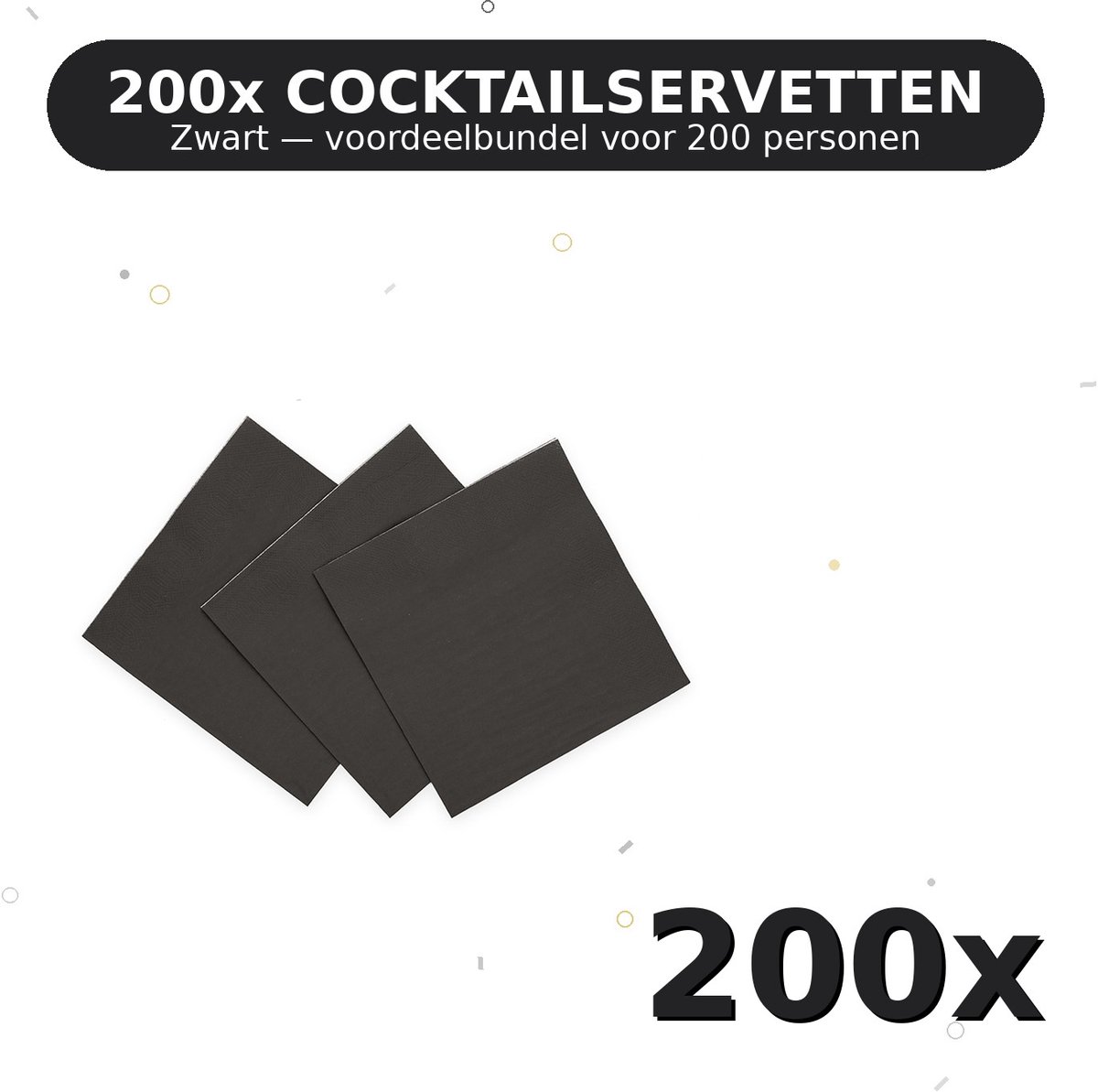 Cocktail servetten 24x24cm FSC Zwart - Voordeelverpakking 200 Stuks voor tot 200 Personen - Feestartikelen