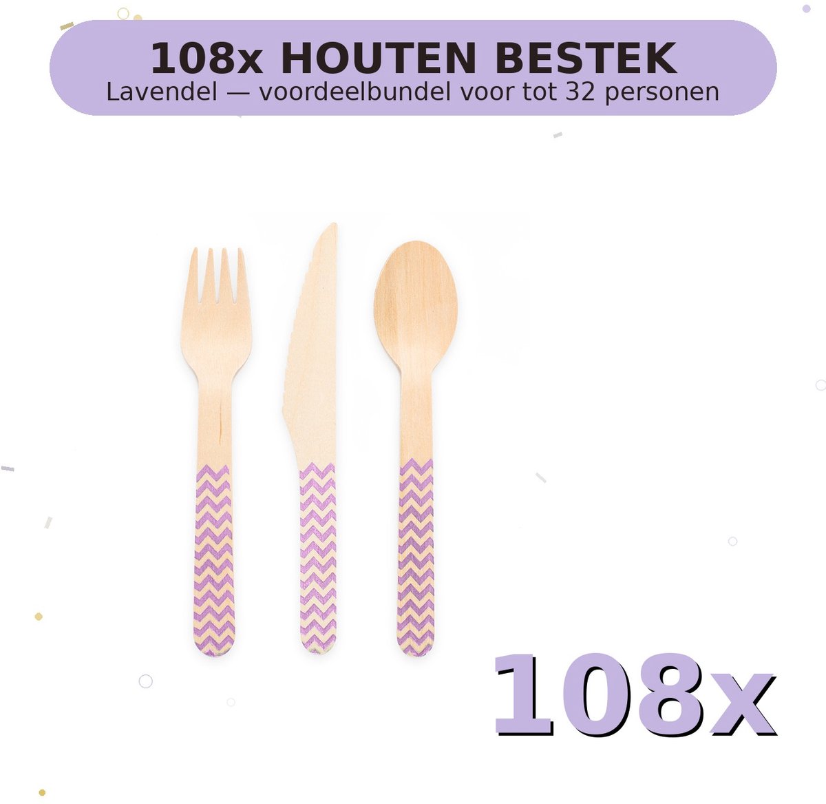 Houten bestek FSC Lavendel - Voordeelverpakking 108 Stuks voor tot 32 Personen - Feestartikelen