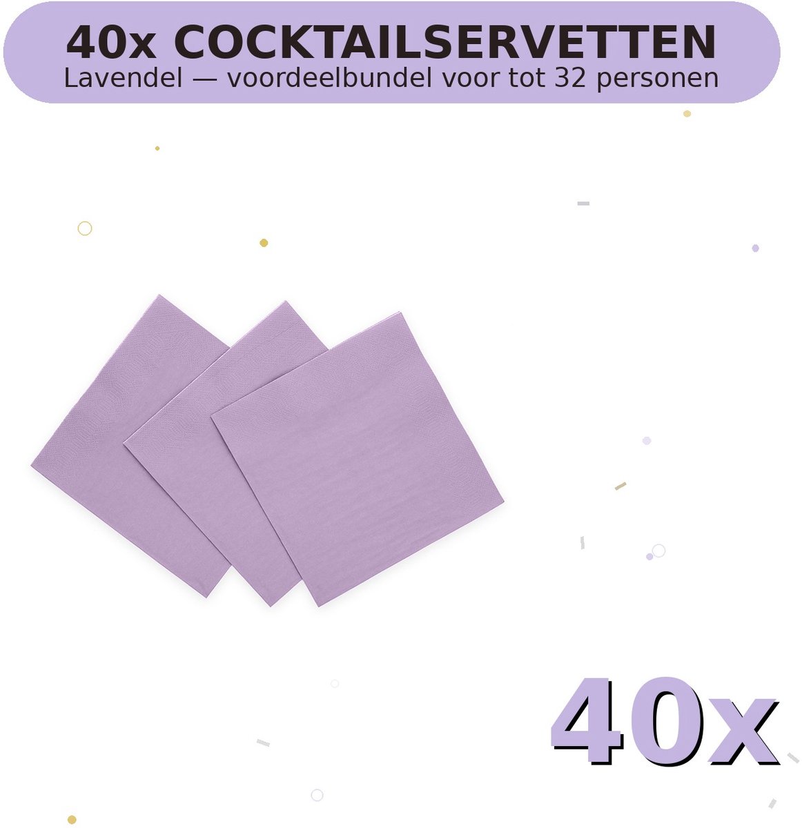 Cocktail servetten 24x24cm FSC Lavendel - Voordeelverpakking 40 Stuks voor tot 32 Personen - Feestartikelen