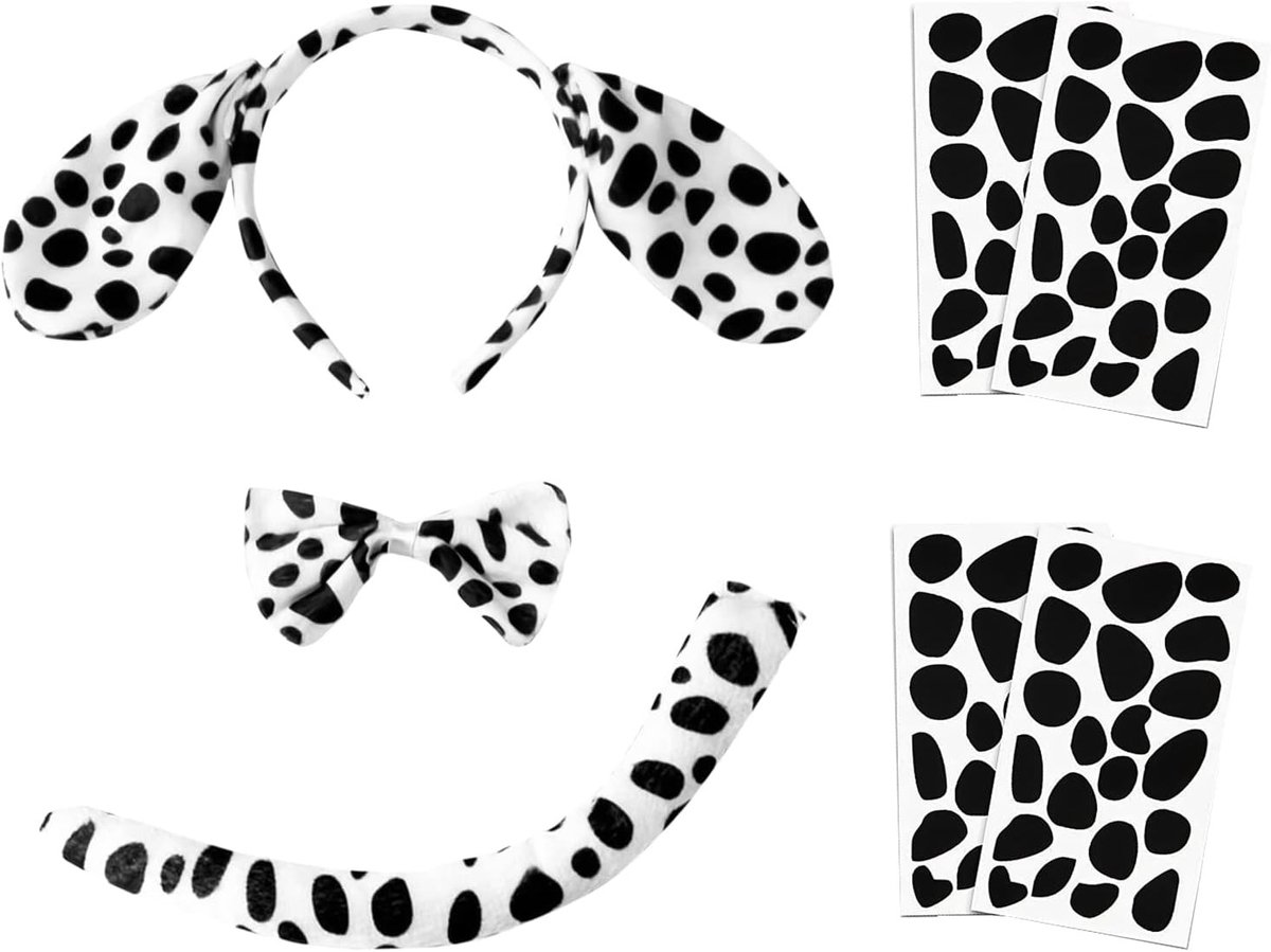 Dalmatian Kostuum met Oren Hoofdband, Strik en Staartset voor Halloween en Carnaval - Inclusief 4 Zelfklevende Vilt Pads voor Feestoutfits en Jungle Thema's
