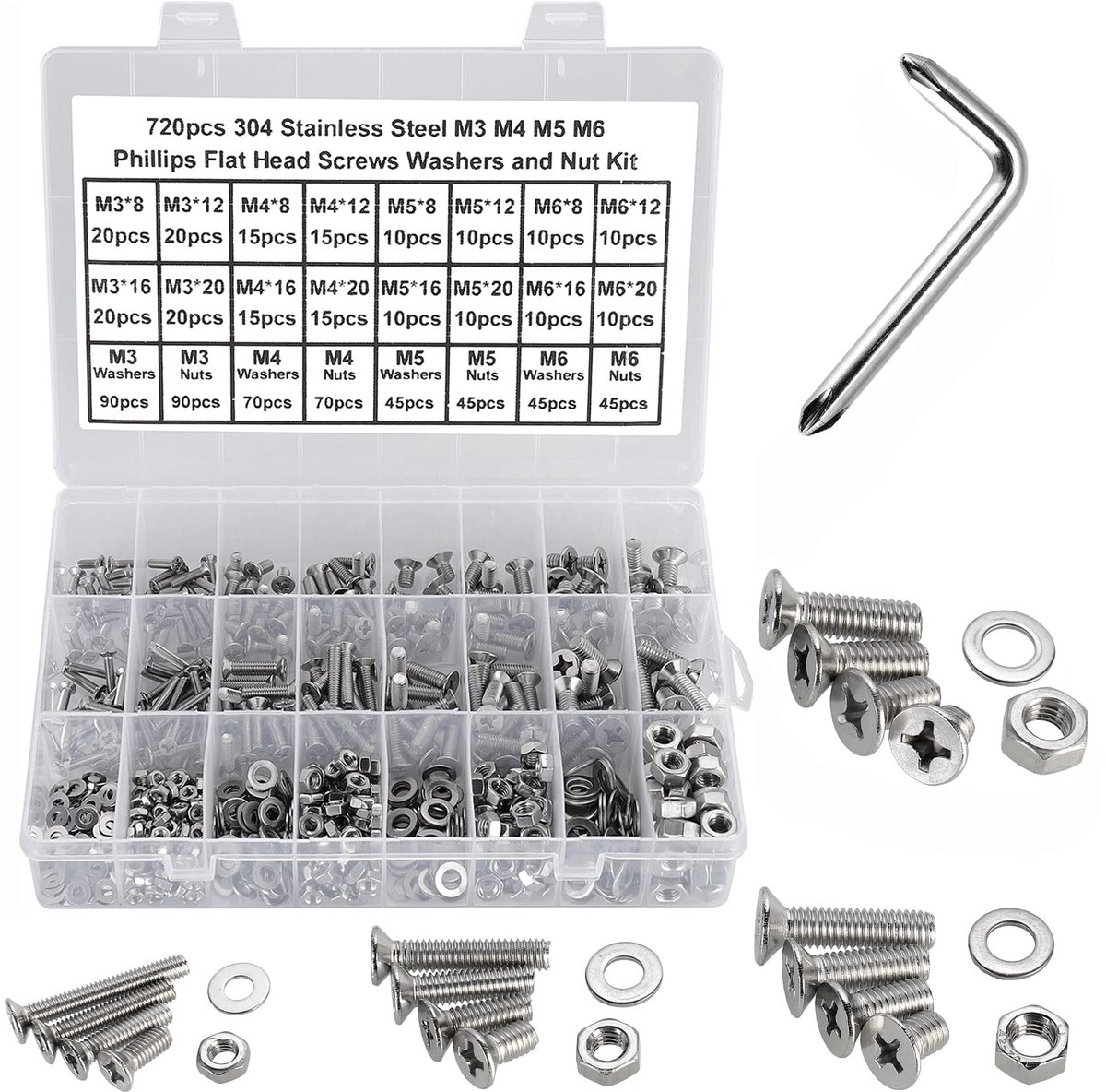 Machineschroeven M3 M4 M5 M6 - 304 roestvrijstaal - assortimentsset met moersleutel - ideaal voor montage - ShopVlot