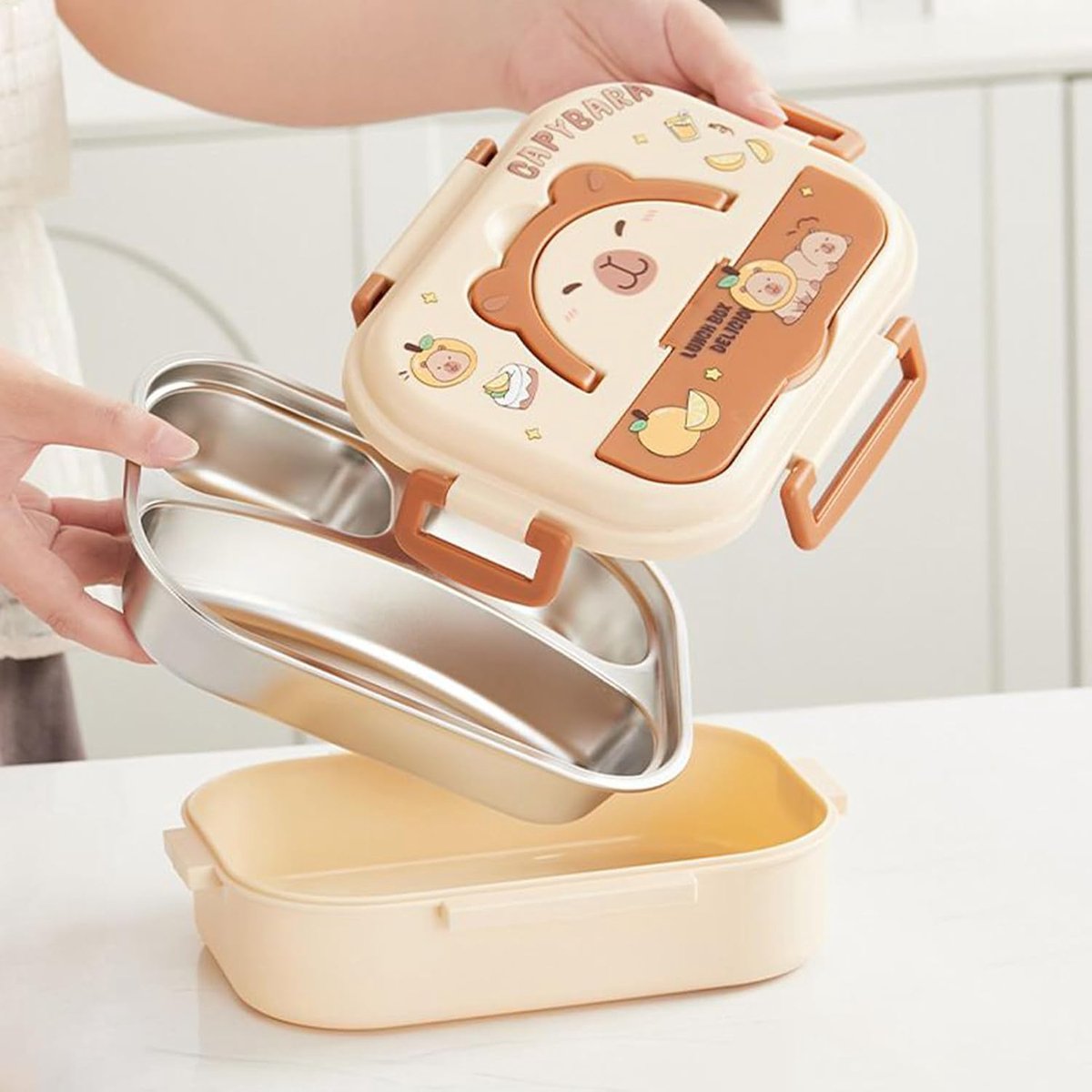 Casalora Lunchbox—Capybara Roestvrijstalen Bento Box—Drie Vakken—Lekvrij—Inclusief Bestek—Draagbaar—Geïsoleerde Tas—Perfect voor Picknicks, Kamperen, Reizen en School — cadeau in Koken & Dineren - foto 6