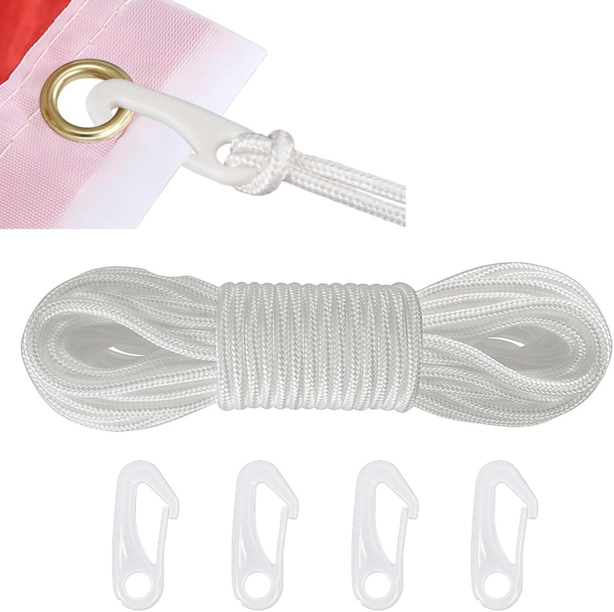 Vlaggenmastkoord - Wit - 15 m - Weerbestendig Nylon met Haken - Voor Vlaggenmasten en Meer